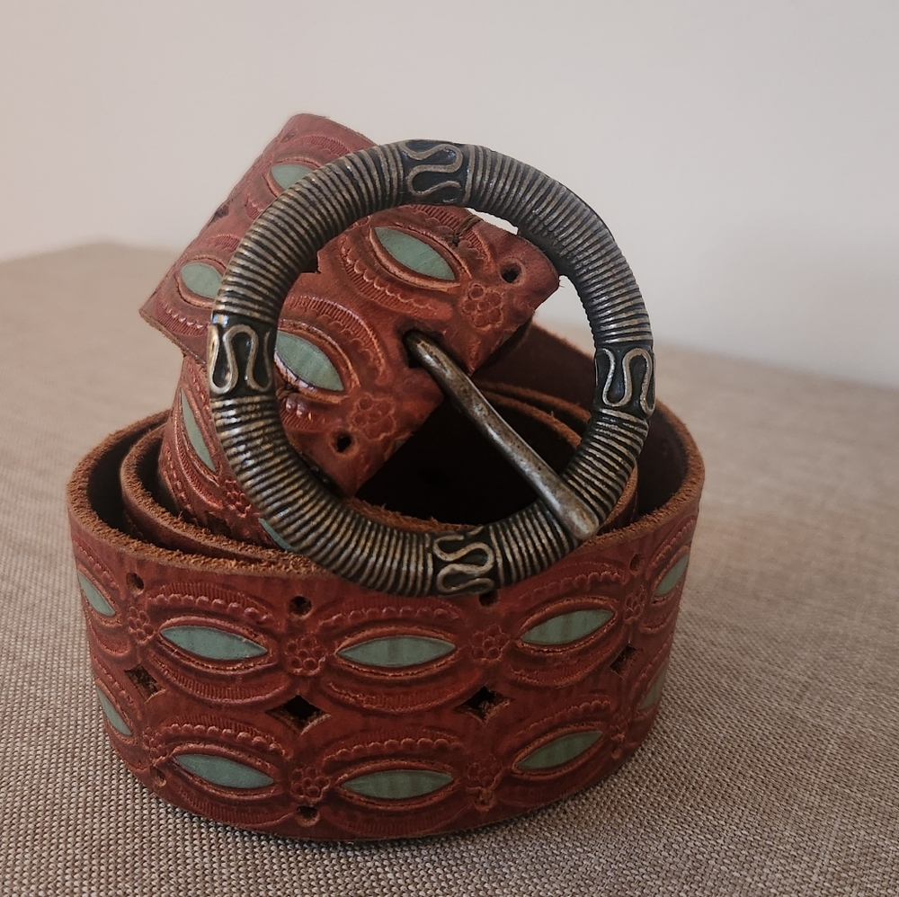 Brown Belt with Teal And Preferated Accents. Real Leather.